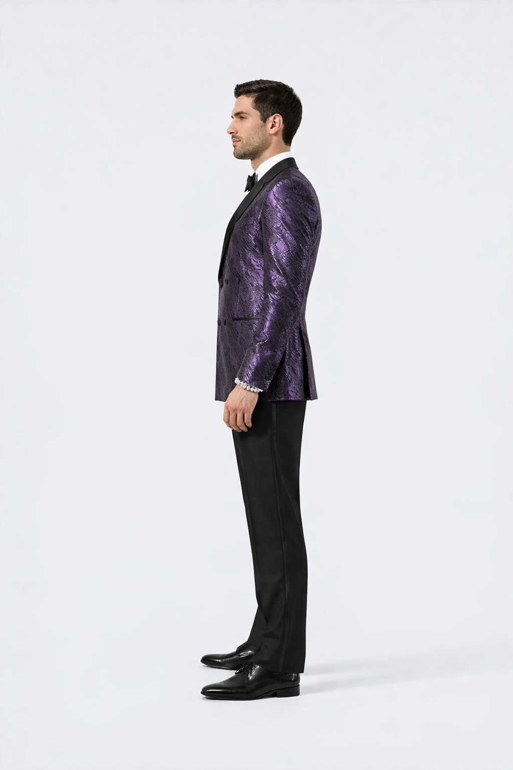 Men’s Formal Purple Jacquard Tuxedo Jacket with Black Satin Peak Lapel by USA Men's Outlet