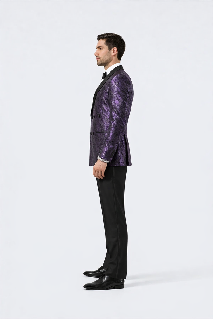 Men’s Formal Purple Jacquard Tuxedo Jacket with Black Satin Peak Lapel by USA Men's Outlet