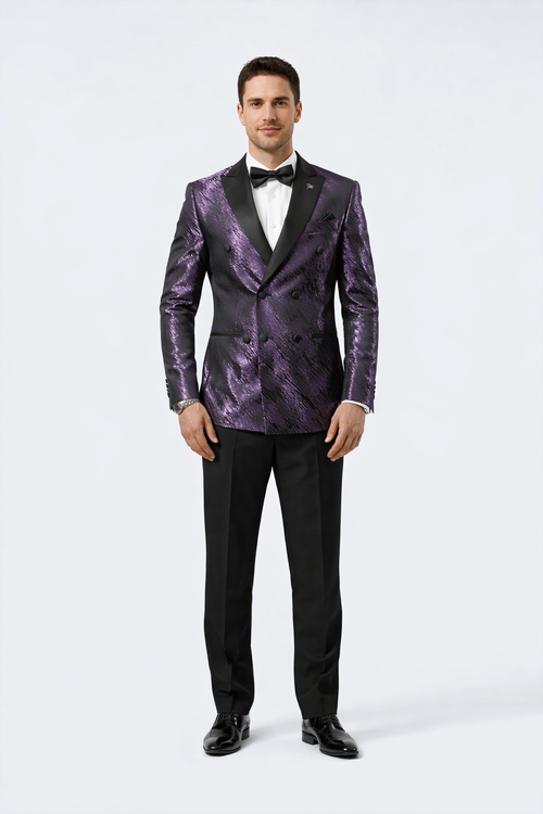 Men’s Formal Purple Jacquard Tuxedo Jacket with Black Satin Peak Lapel by USA Men's Outlet