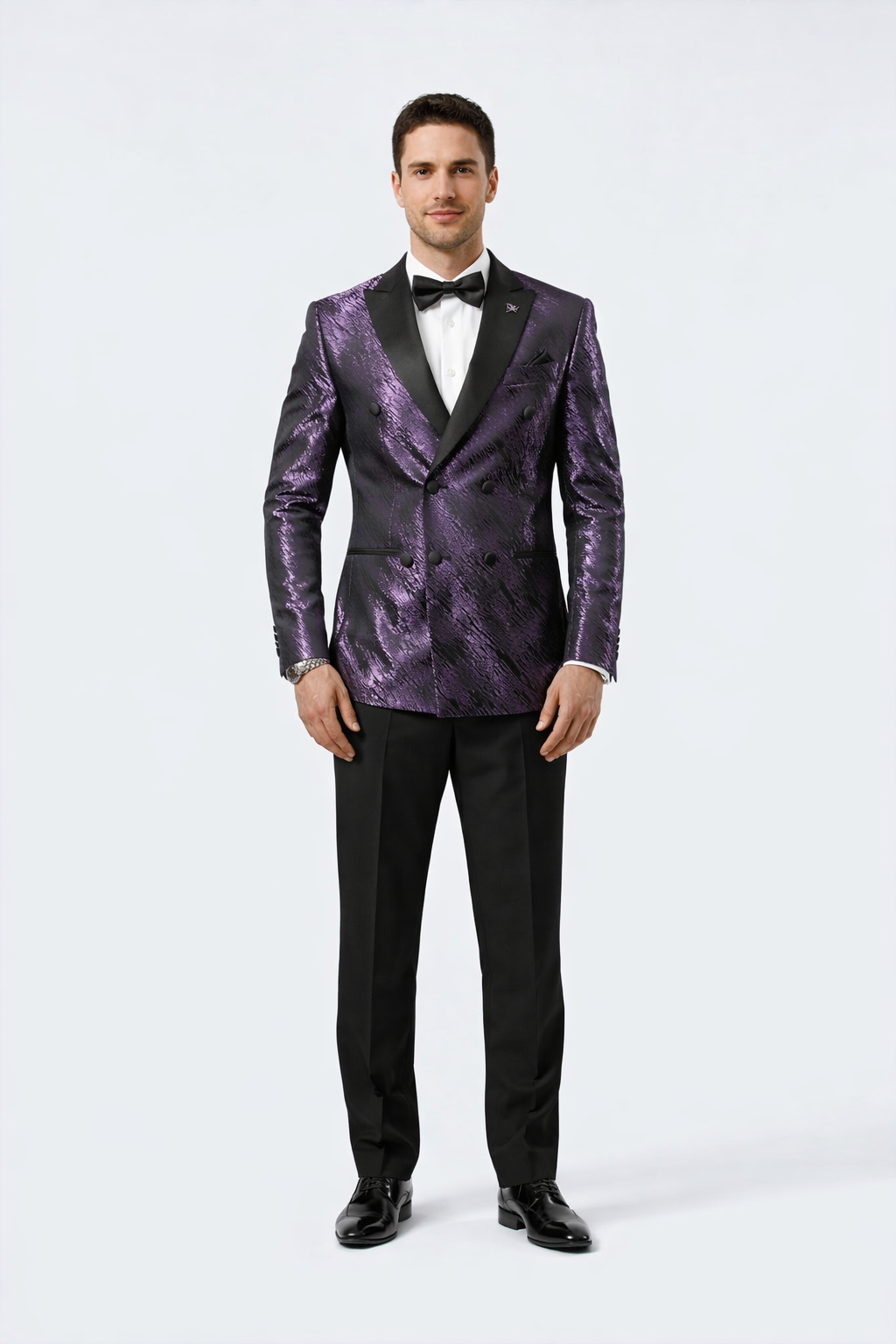 Men’s Formal Purple Jacquard Tuxedo Jacket with Black Satin Peak Lapel by USA Men's Outlet