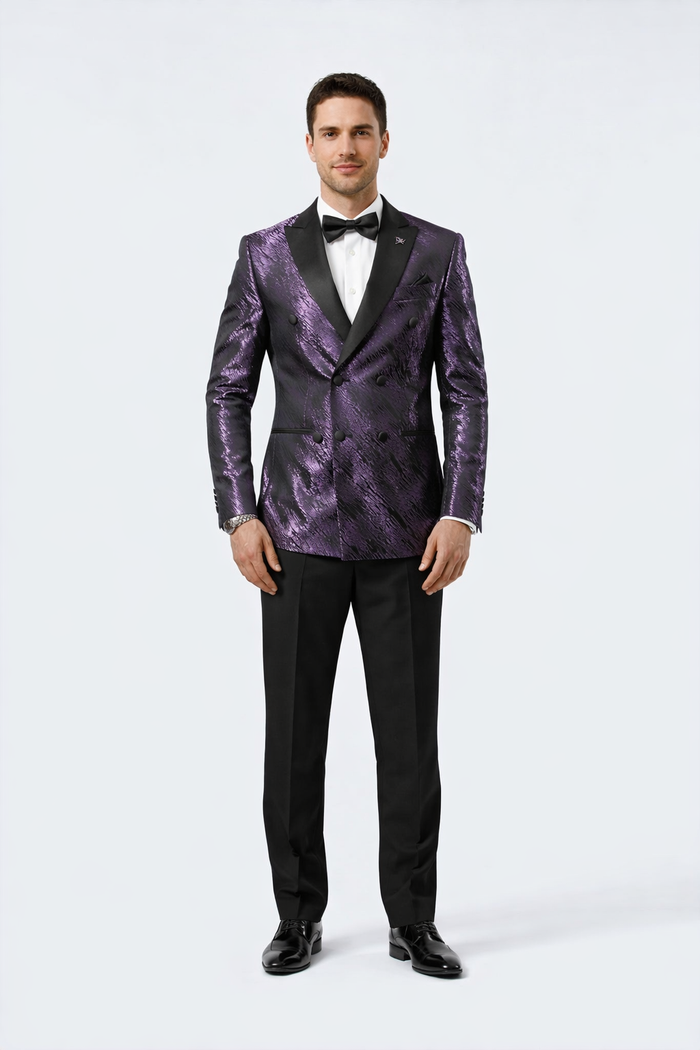 Men’s Formal Purple Jacquard Tuxedo Jacket with Black Satin Peak Lapel by USA Men's Outlet