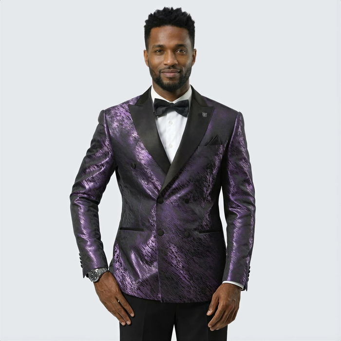Men’s Formal Purple Jacquard Tuxedo Jacket with Black Satin Peak Lapel by USA Men's Outlet