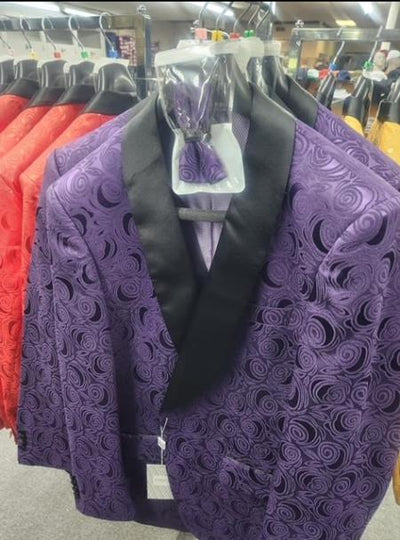 Paisley Tuxedo Dinner Jacket - Purple Mens Blazer + Bowtie - Prom 2025 Jackets