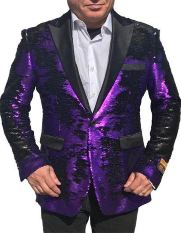 Mardi Gras Outfit - Mardi Gras One Button Single Breasted Blazer For Men in Color Purple in Sequin Fabric by Menssuitsatlantain