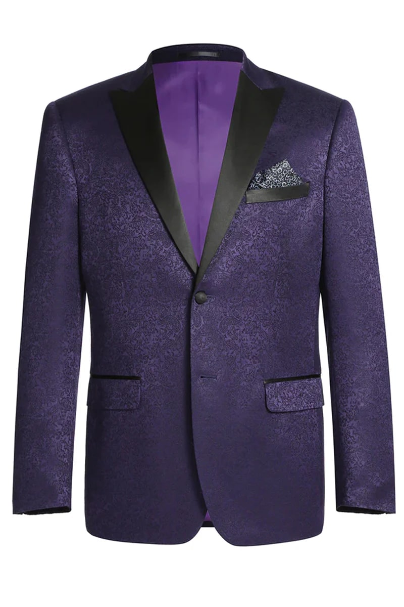 Mens 80s Prom Suit Perfect Outfit  - Mens Two Button Peak Lapel Paisley Prom Purple Tuxedo