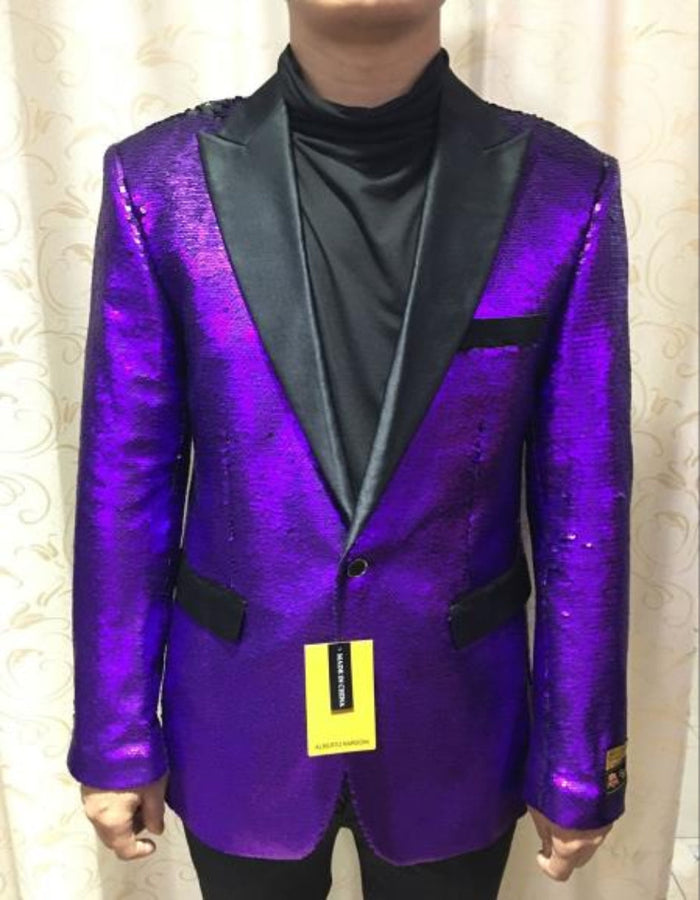 Mardi Gras Outfit - Mardi Gras One Button Blazer For Men in Color Purple in Sequin Fabric by Menssuitsatlantain