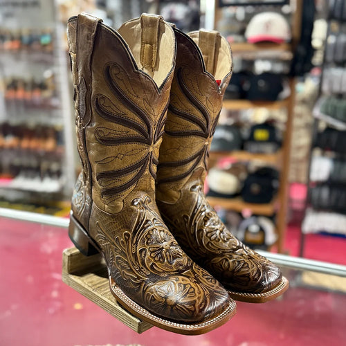 Men's Quincy Boots Tan Tooled Print Cowboy Boots Square Toe