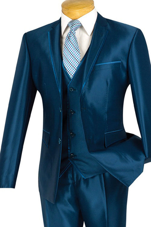 Mens Ultra Slim Fit Vested Shiny Sharkskin Suit with Trim in Black by Vinci