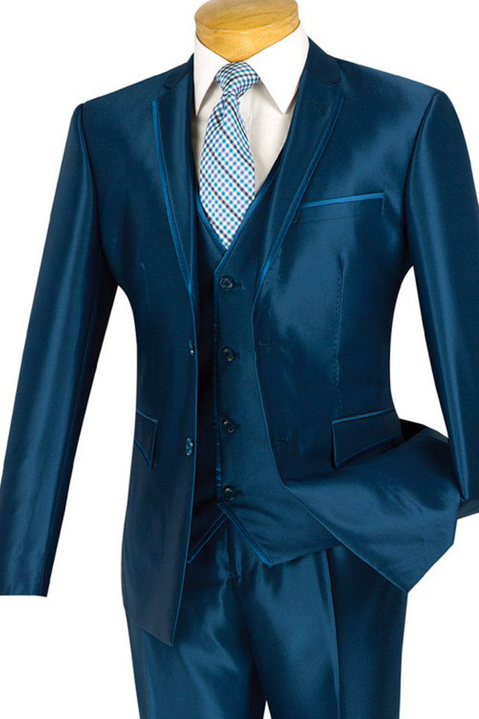 Mens Ultra Slim Fit Vested Shiny Sharkskin Suit with Trim in Black by Vinci
