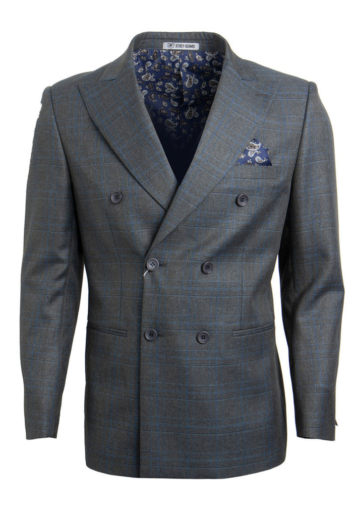 Men's Charcoal Grey Stacy Adams Windowpane Double Breasted Suit