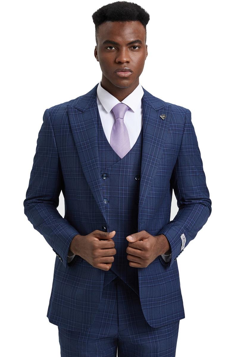 Men's Stacy Adams One Button Peak Lapel Double Breasted Vest Suit in Blue & Purple Plaid – SuitUSA