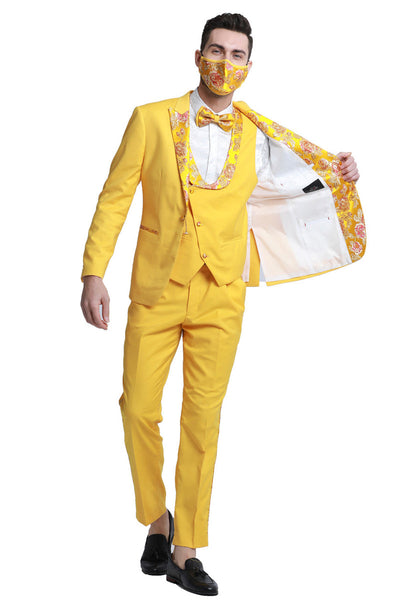 Yellow Gold Floral Lapel Men's Tuxedo - One Button Vested for Prom & Wedding by Tazzio
