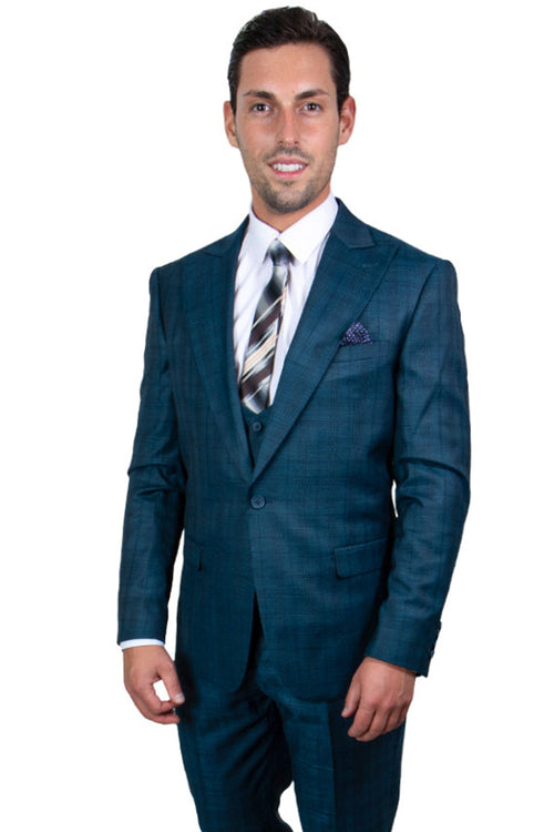 Men's Glen Plaid Peak Lapel 1-Button Suit by Stacy Adams in Blue Green