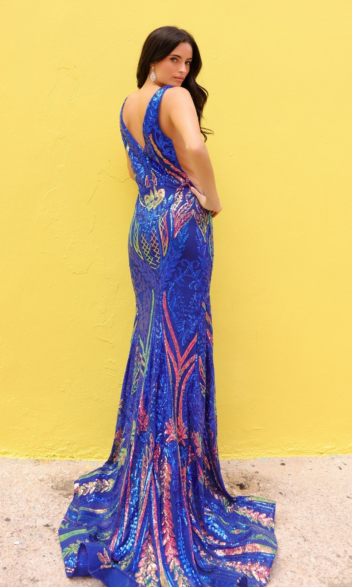Nox Anabel R1402 Blue Long Sequin Prom Dress with Sheer Sides