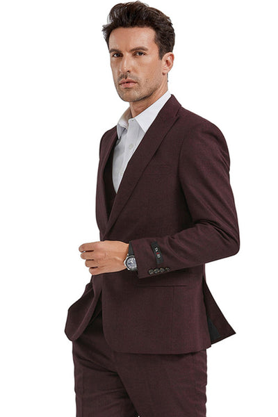 Men's Burgundy Sharkskin Slim Fit Suit with Double Vest