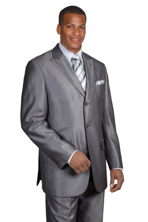 Mens 3 Button Peak Lapel Shiny Sharkskin Micro Pinstripe Suit in Charcoal Grey by Fortino Landiin