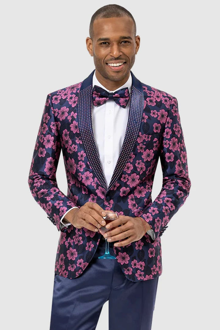 Blue / Pink Prom Tuxedo Suit - Blue / Pink Wedding Suit - Mens Studded Shawl Lapel Prom Tuxedo Blazer In Navy Blue And Magenta Floral Pattern by PROMTUXEDO