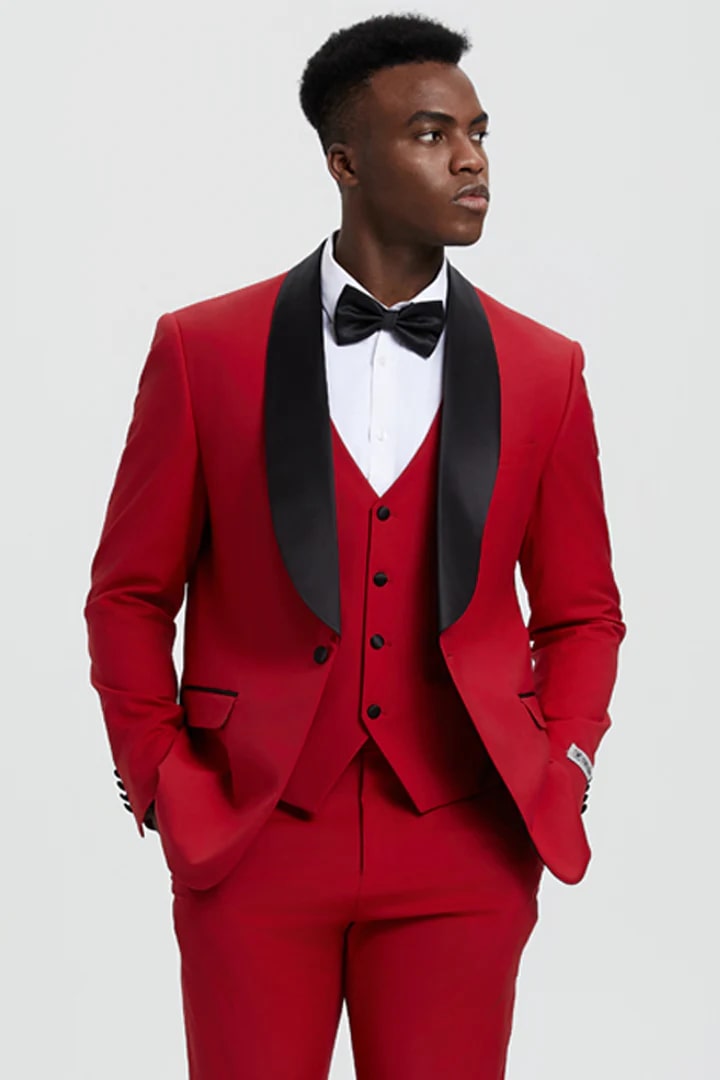 Red  Prom Tuxedo Suit - Red Wedding Suit - Men's Stacy Adams Vested One Button Shawl Lapel Designer Tuxedo