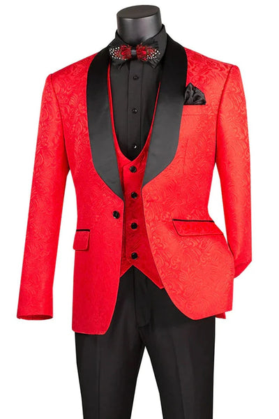 Red  Prom Tuxedo Suit - Red Wedding Suit - Men's Slim Fit Vested Paisley Wedding Tuxedo