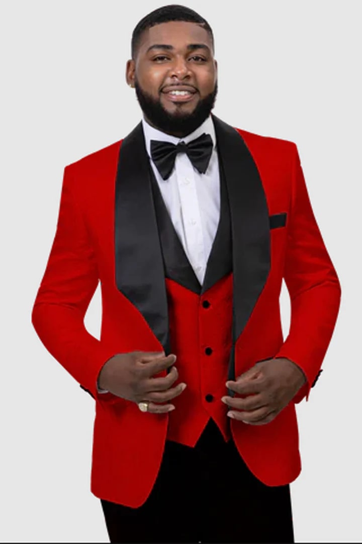 Red  Prom Tuxedo Suit - Red Wedding Suit - Mens Vested Square Shawl Paisley Prom & Wedding Tuxedo In Red