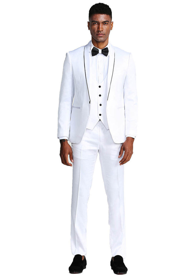 White Men's Slim Fit Satin Tuxedo Suit - Vested Prom & Wedding Attire by Tazzio
