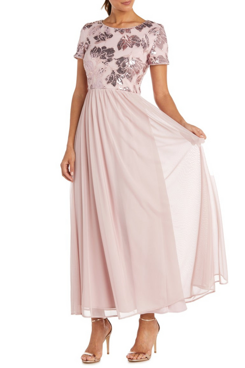 R&M Richards Short Sleeve Sequin Long Evening Gown