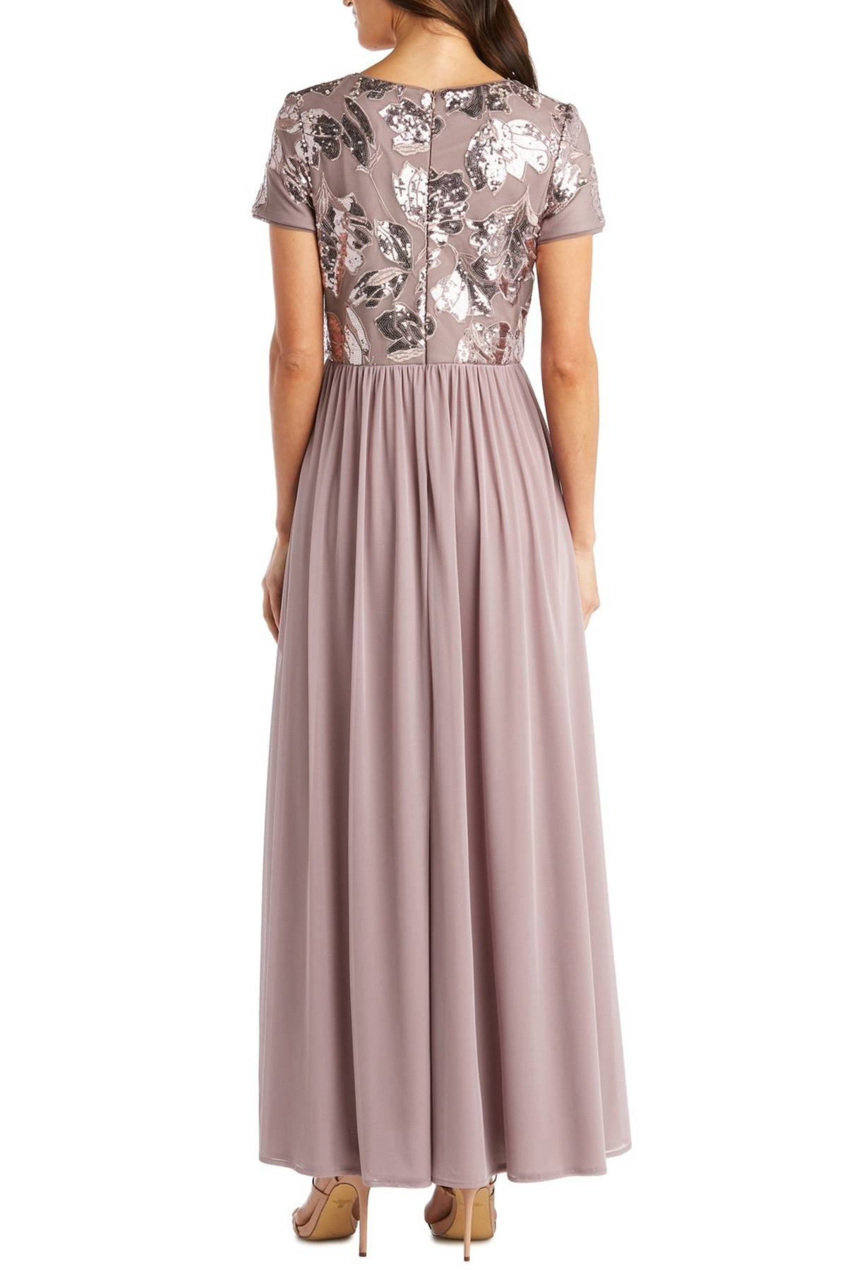 R&M Richards Short Sleeve Sequin Long Evening Gown