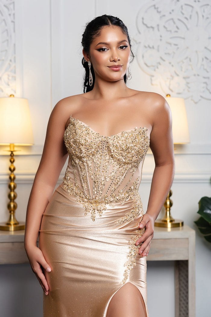 Beaded Corset Dress with High Slit Strapless Embellished Evening Gown by Royal Queen RQ8232