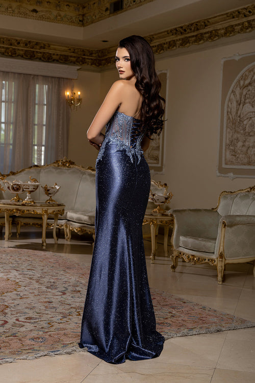 Beaded Corset Dress with High Slit Strapless Embellished Evening Gown by Royal Queen RQ8232
