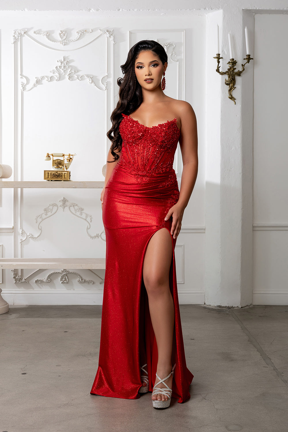 Beaded Corset Dress with High Slit Strapless Embellished Evening Gown by Royal Queen RQ8232