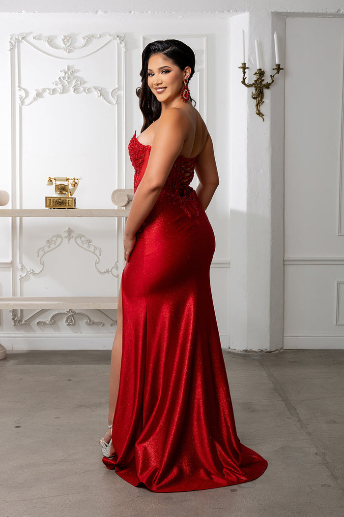 Beaded Corset Dress with High Slit Strapless Embellished Evening Gown by Royal Queen RQ8232