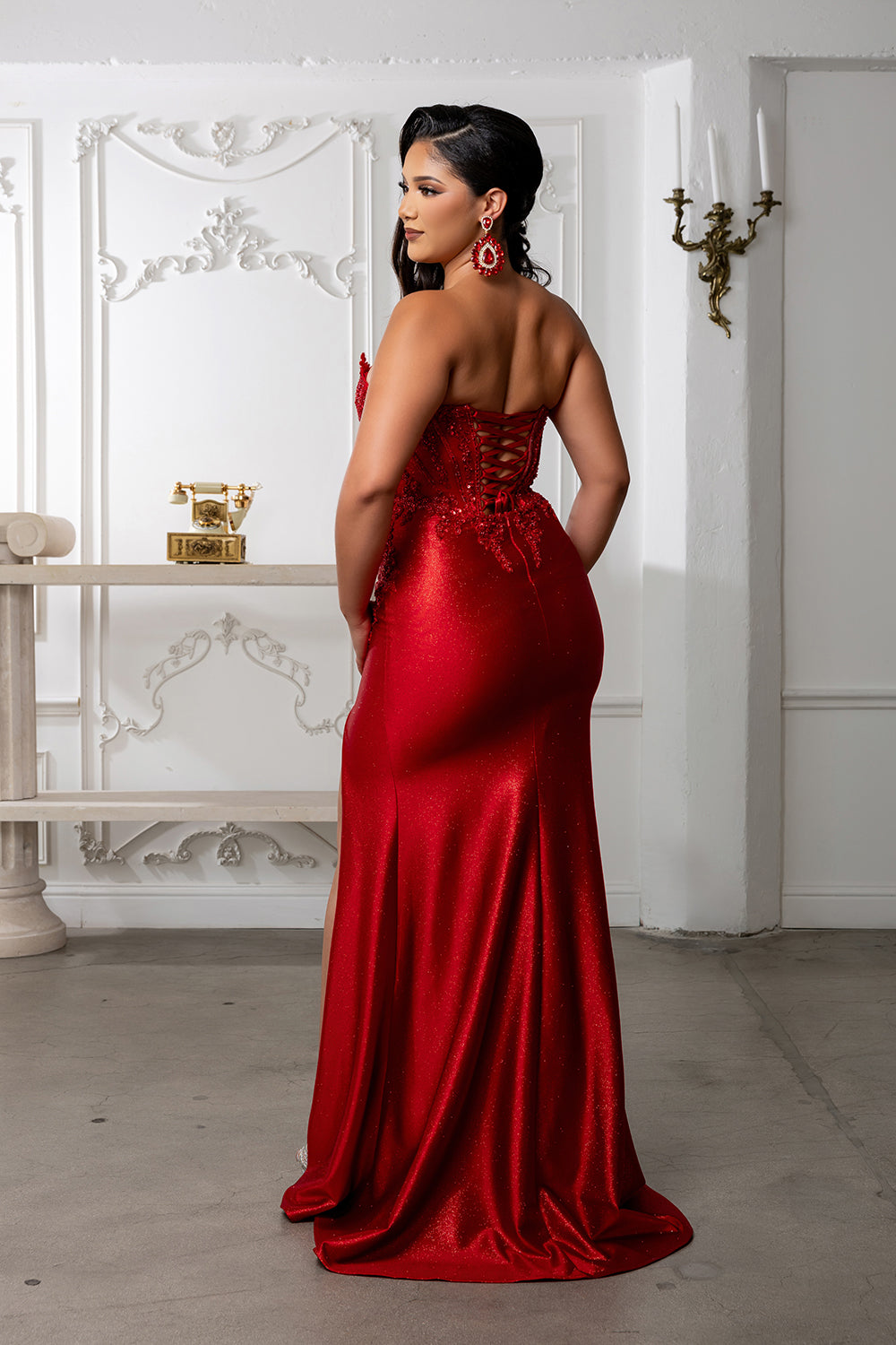 Beaded Corset Dress with High Slit Strapless Embellished Evening Gown by Royal Queen RQ8232