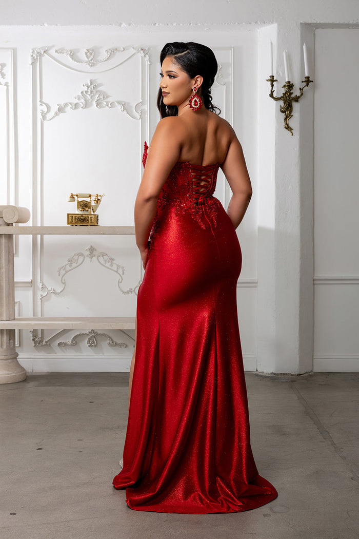 Beaded Corset Dress with High Slit Strapless Embellished Evening Gown by Royal Queen RQ8232