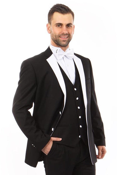 Men's Classic Two Button Vested Tuxedo in Black & White