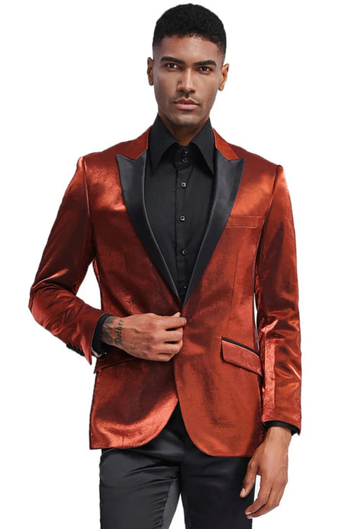 Rust  Prom Tuxedo Suit - Rust Wedding Suit - Men's Slim Fit Shiny Satin Prom & Wedding Tuxedo Jacket In Rust