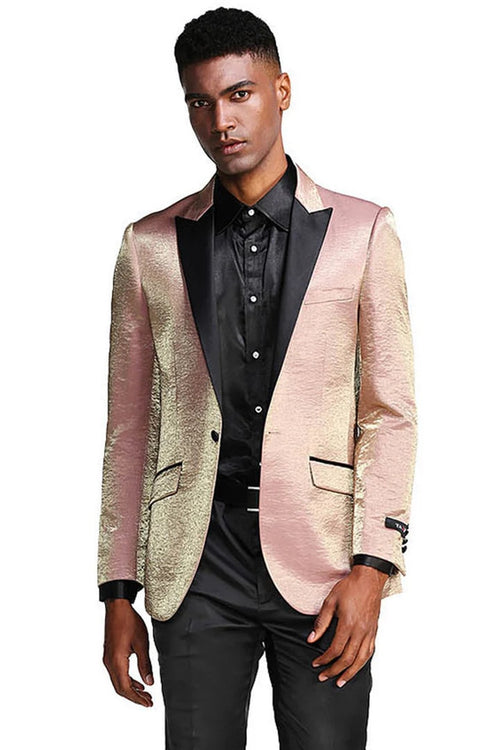 Rose Prom Tuxedo Suit - Rose Wedding Suit - Men's Slim Fit Shiny Satin Prom & Wedding Tuxedo Jacket In Rose Gold Pink PROMTUXEDO