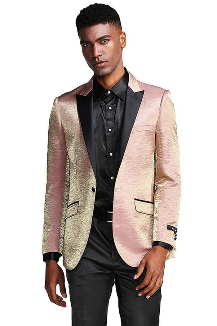 Rose Prom Tuxedo Suit - Rose Wedding Suit - Men's Slim Fit Shiny Satin Prom & Wedding Tuxedo Jacket In Rose Gold Pink PROMTUXEDO