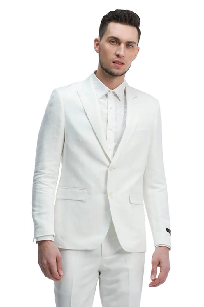 Mens Two Button Peak Lapel Summer Linen Style Beach Wedding Suit in White