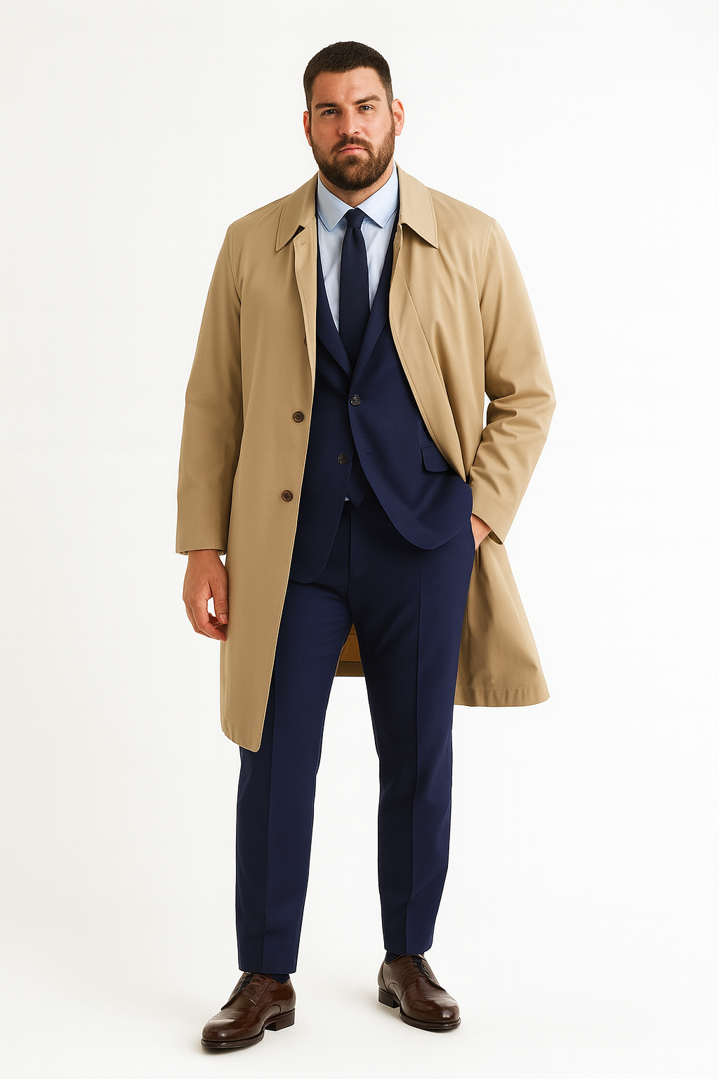 Mens Beige Trench Coat – Classic Long Overcoat with Button Front - Raincoat in Khaki Color