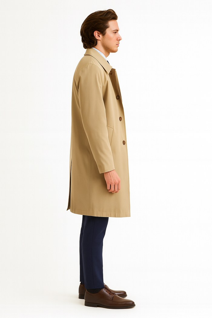 Mens Beige Trench Coat - Classic Long Overcoat with Button Front - Raincoat in Khaki Color by USA Men's Outlet
