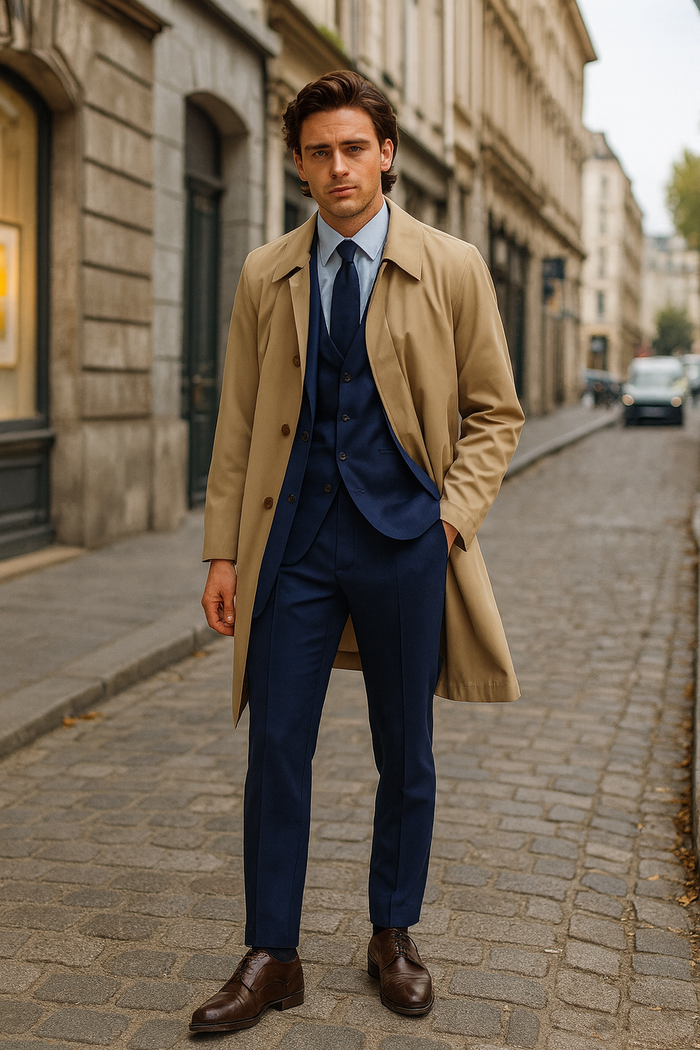 Mens Beige Trench Coat - Classic Long Overcoat with Button Front - Raincoat in Khaki Color by USA Men's Outlet