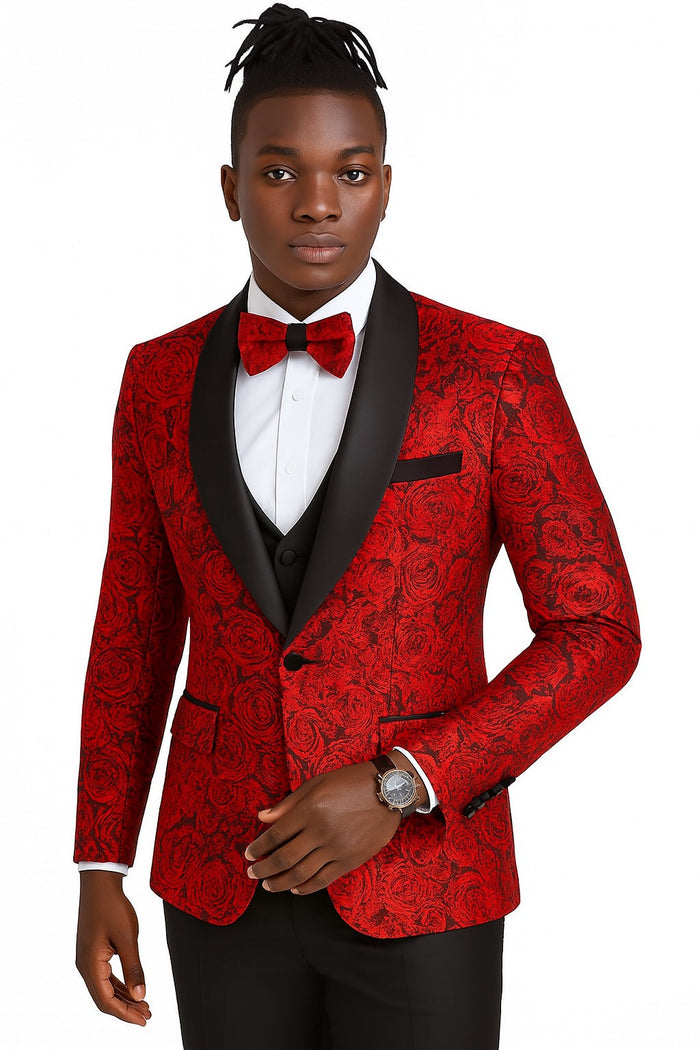 Red/Black Prom Tuxedo Suit - Red/Black Wedding Suit - Men's One Button Slim Fit Shiny Paisley Floral Vested Prom Tuxedo