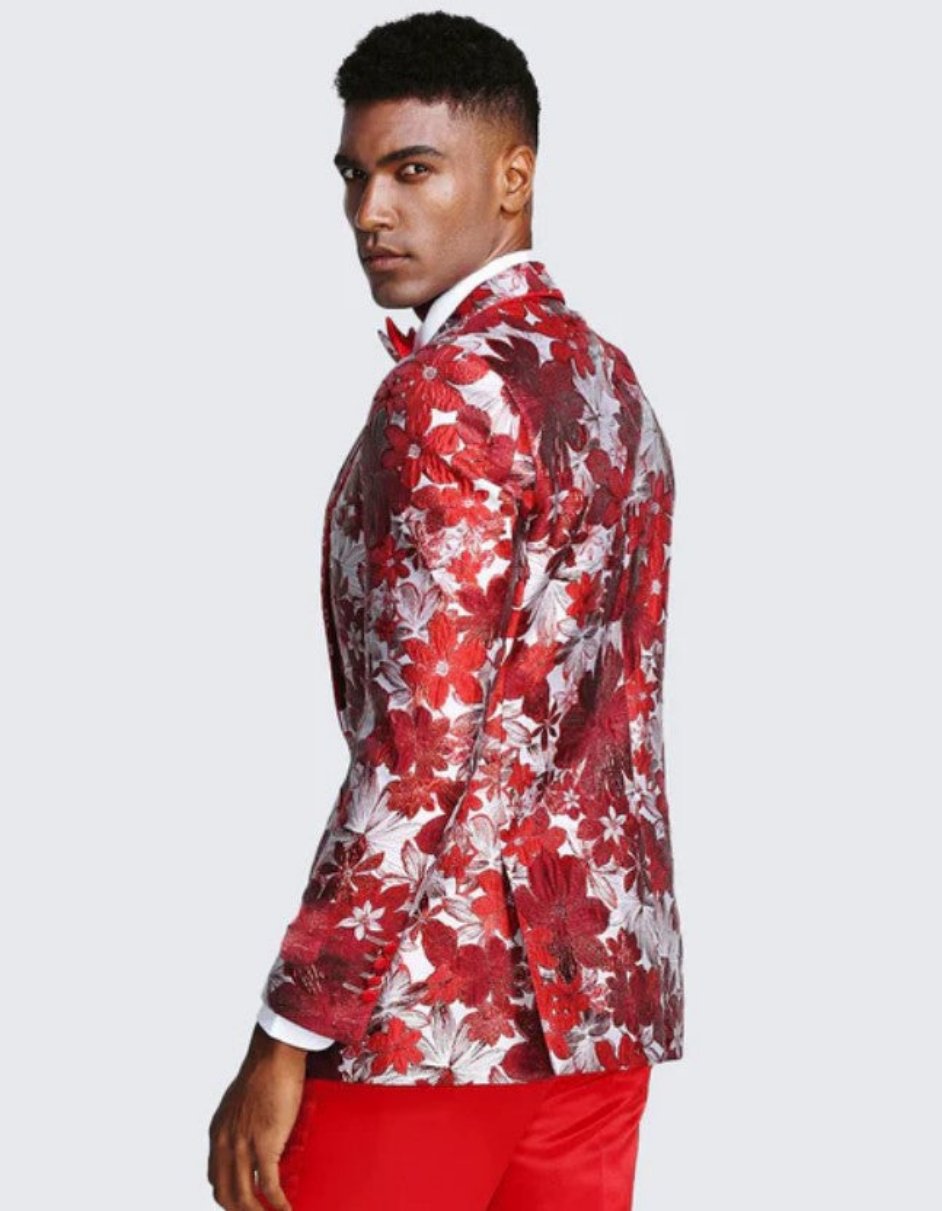 Red One Button Floral Tuxedo Jacket Slim Fit - Wedding - Prom by USA Men's Outlet