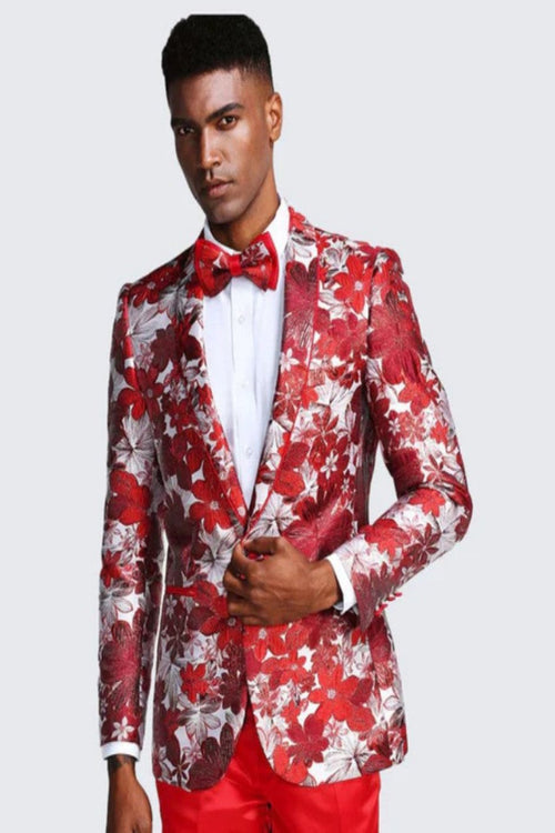 Red One Button Floral Tuxedo Jacket Slim Fit - Wedding - Prom by USA Men's Outlet