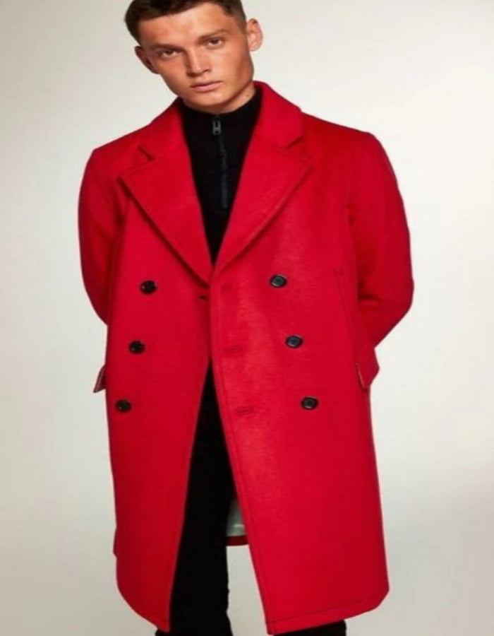Red Overcoat For Men - Red Peacoat 100% Wool Double Breasted Style Peak Lapel Christmas Coat by USA Men's Outlet