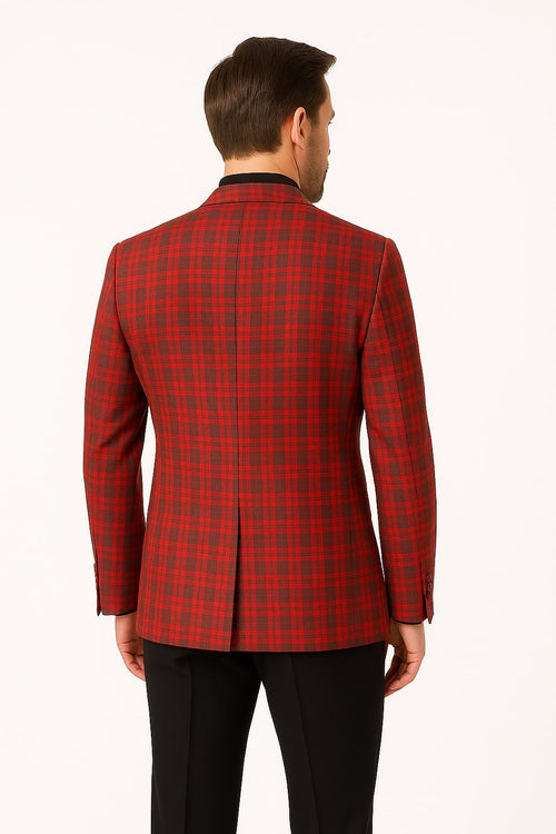 Mens Red Plaid Modern Fit Windowpane Check Blazer - Christmas Holiday Sport Coat Tartan Look USA Men's Outlet