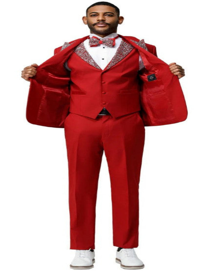 Red Prom Tuxedo - Perfect Wedding Suit Vested Rhinestone Lapelled by USA Men's Outlet