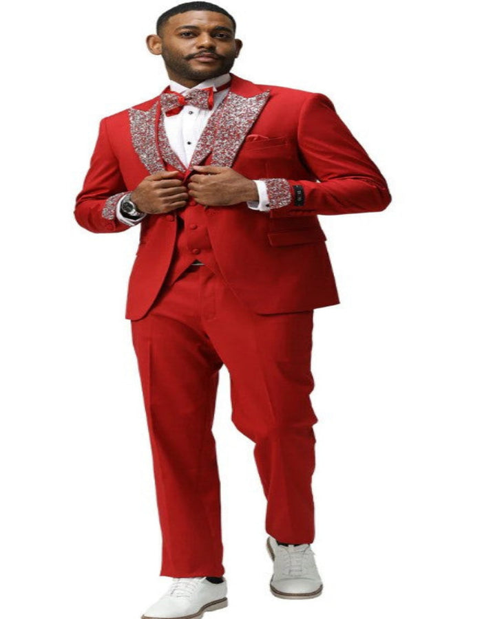 Red Prom Tuxedo - Perfect Wedding Suit Vested Rhinestone Lapelled by USA Men's Outlet