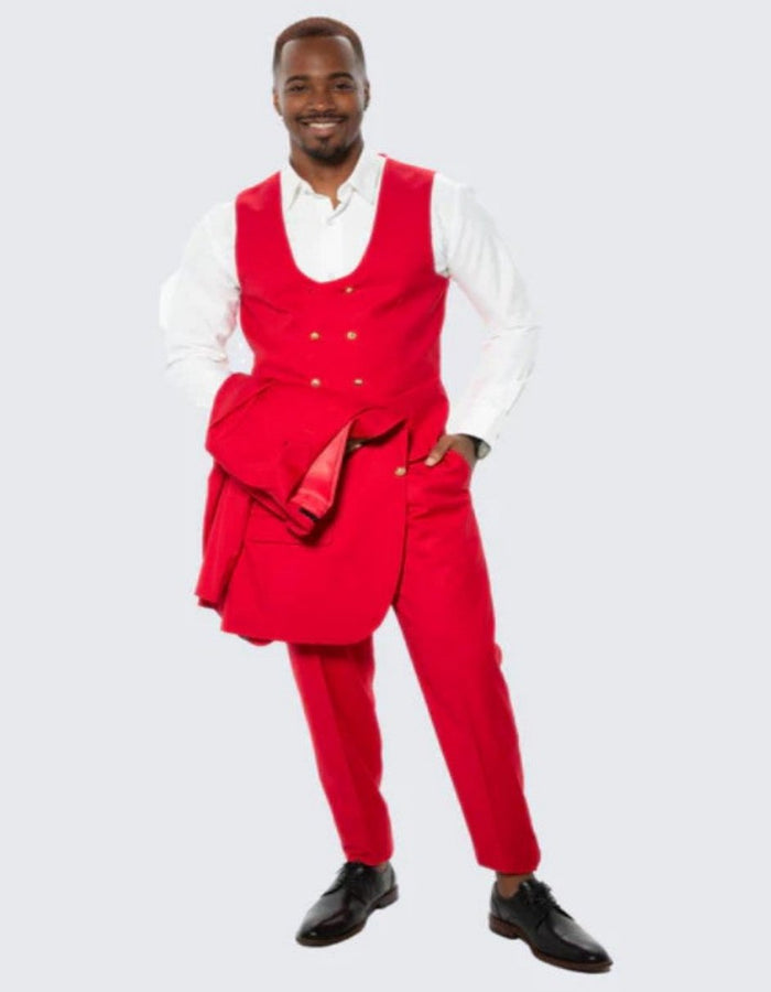 Red Skinny Fit Suit Three Piece Set with Double Breasted Vest - Wedding - Prom by Men's Tuxedo USA