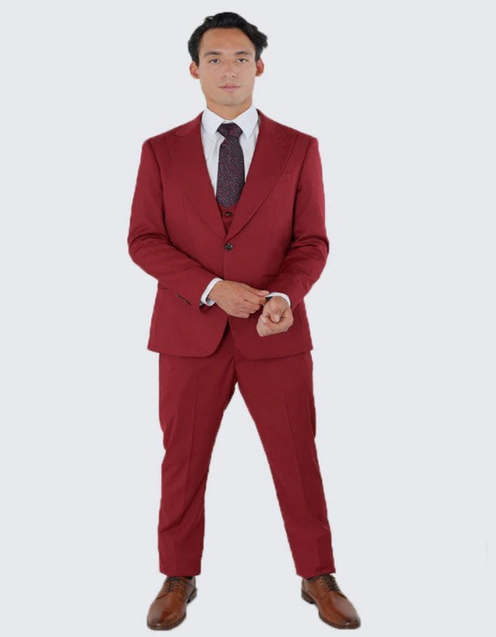 Red Slim Fit Three Piece Suit with Large Peak Lapel One Button - Wedding - Prom by Men's Tuxedo USA